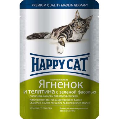 Влажный корм для кошек Happy Cat нежные кусочки в желе пауч, ягненок и телятина 0,1 кг