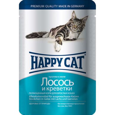 Влажный корм для кошек Happy Cat нежные кусочки в желе пауч с лососем и креветками 0,1 кг