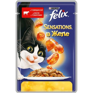 Корм для кошек Феликс Сенсейшнс с говядиной в желе с томатами, 85 гр
