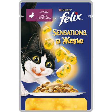 Корм для кошек Феликс Сенсейшнс с уткой в желе со шпинатом, 85 гр