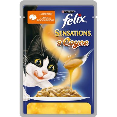 Корм для кошек Феликс Сенсейшнс с индейкой в соусе со вкусом бекона, 85 гр