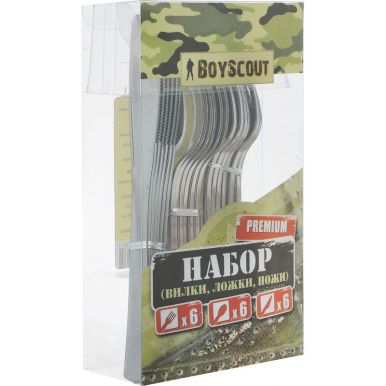 Boyscout набор столовых приборов Premium одноразовые вилки, ложки, ножи по 6 шт, цвет хром пластик, артикул: 61704