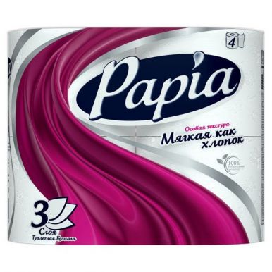 Туалетная бумага Papia, трехслойная, цвет: белый, 4 рулона