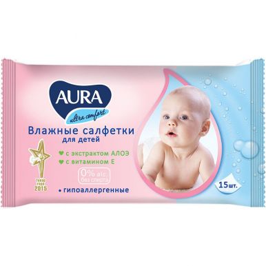 Aura влажные салфетки для детей Ultra Comfort, 15 шт