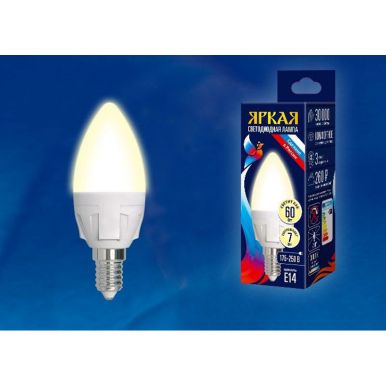 UNIEL лампа светодиодная свеча матовая теплый белый св LED-C37 7W/WW/E14/FR PLP01WH