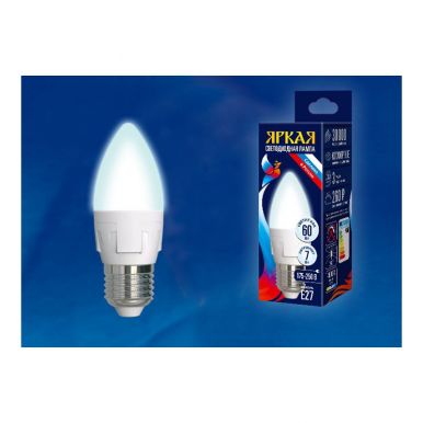 Лампа Uniel Яркая, светодиодная Led-c37 7w/Nw/E27/Fr Plp01Wh Форма Свеча, матовая, белый свет