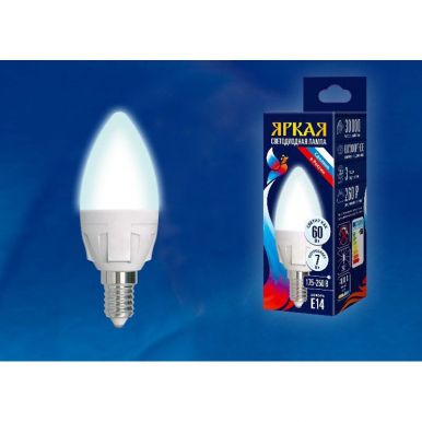 UNIEL лампа светодиодная свеча матовая белый свет LED-C37 7W/NW/E14/FR PLP01WH
