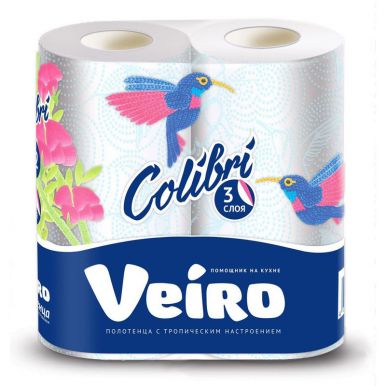 Полотенца бумажные Linia VEIRO Колибри,  3сл. 2 рулона, белые, тиснение птичка, длина 15 м