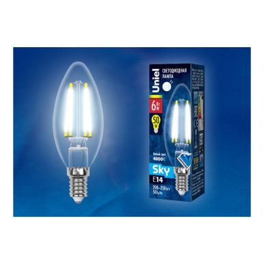Лампа светодиодная Sky серия Led-c35-6w/Nw/e14/Cl Pls02Wh, Форма Свеча, белый, прозрачная