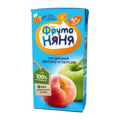 Детское питание Фрутоняня сок яблоко-персик без сахара, 200 мл