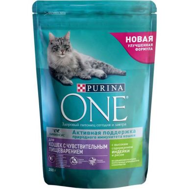 Корм сухой Purina ONE, для кошек с чувствительным пищеварением, с индейкой и рисом, 200 г