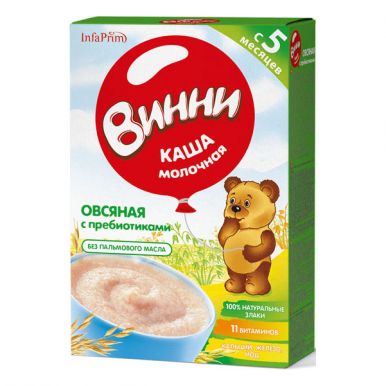 Винни Каша сухая молочная овсяная с пребиотиками для детей старше 5 месяцев, 200 гр