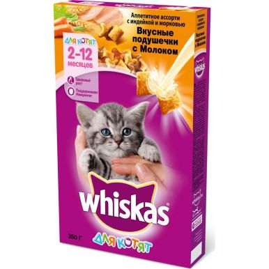 Корм для котят Вискас подушечки с молоком, индейкой и морковью, 350 г