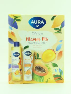 AURA набор подарочный vitamin mix: гель д/душа манго и папайя 250мл, крем д/рук 75мл