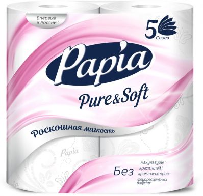 PAPIA Pure&soft бумага туалетная белая 5сл. 4рулона