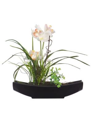 Растение декор. в ладье орхидея в черной ладье цв.белый 28*7*33,5см