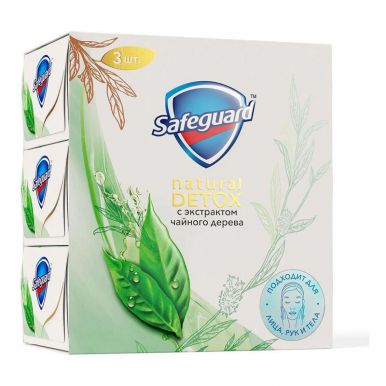 SAFEGUARD Мыло туалетное Natural Detox С Экстракт Чайного дерева с антибактериальным эффектом, 3 шт, 110 гр