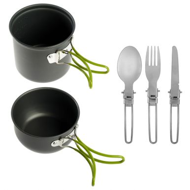 Набор посуды туристический: кастрюля 2шт, вилка, ложка, нож