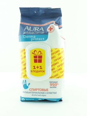 AURA Влажные салфетки антибактериальные спиртовые, 40 + 40 шт, ПРОМО