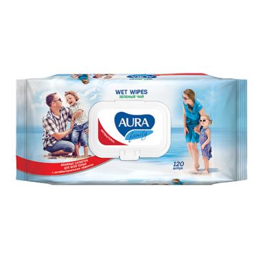 Aura влажные салфетки, для всей семьи с антибактериальным эффектом в ассортименте Family 120 шт, с крышкой