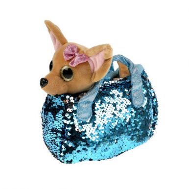 Игрушка мягкая собачка в голубой сумочке из пайеток 15см 297154