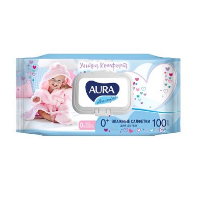 Aura влажные салфетки для детей Ultra Comfort с экстрактом Алоэ и витамином Е, 100 шт с крышкой