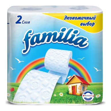 Туалетная бумага Familia Радуга, двухслойная, 4 рулона, цвет: белый, размер 191 х 190 х 100 мм