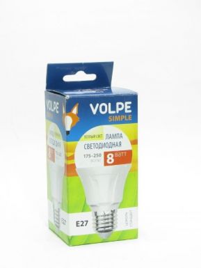 Лампа светодиодная VOLPE LED-A60-8W/WW/E27/FR/S, теплый свет,картон