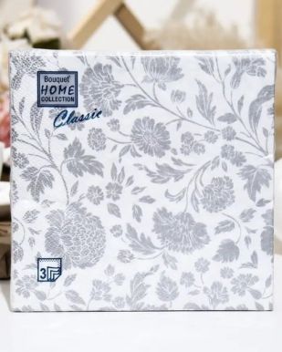 BOUQUET Home сollection салфетки столовые Анжелика серебро на белом 3сл. 33*33см 20шт