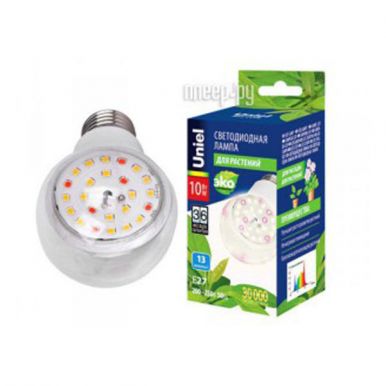 Uniel Лампа светодиодная для растений, LED-A60-10W/SPFB/E27/CL PLP30WH Форма A, прозрачная