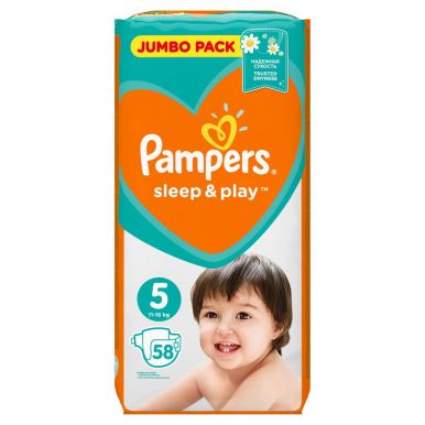 Pampers 5 подгузники Sleep & Play Junior, 58 шт (11-18кг) Джамбо упаковка