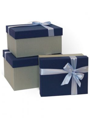 Коробка подарочная дизайн с бантом тиснение рогожка синий-серый 19*15*9см