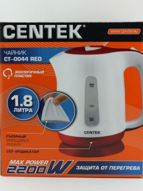 Чайник Centek Ct-0044 Red 1,8 л, 2200Вт, диск съёмный моющийся фильтр, окно уровня воды