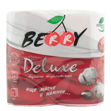 Туалетная бумага Berry Delux 100% целлюлоза, 3 слоя, 4 рулона