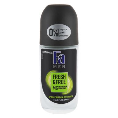 Fa Шариковый дезодорант мужской Fresh & Free, аромат мяты и бергамота, магнезиум комплекс, 24 ч, 50 мл