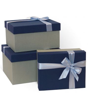 Коробка подарочная дизайн с бантом тиснение рогожка синий-серый 21*17*11см