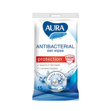 Aura влажные салфетки c антибактериальным эффектом Family, 15 шт