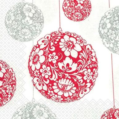 BGREEN салфетки столовые новогодние шары цв.красный/серебро 3сл. 33*33см 20шт