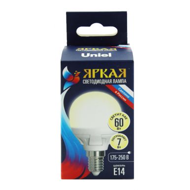 Лампа Uniel Яркая, светодиодная Led-g45 7w/Ww/e14/Fr Plp01wн Форма Шар, матовая, теплый белый свет