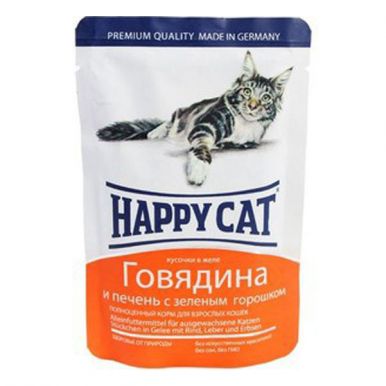 Happy Cat кусочки в желе Говядина, Печень, горошек 0,1кг