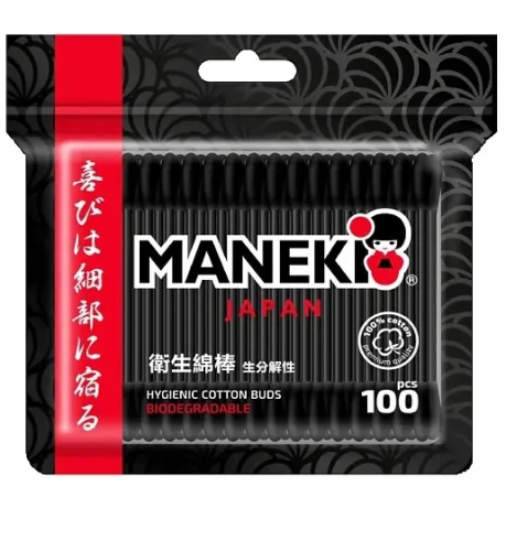 MANEKI палочки ватные с черным бум. стиком в п/э 100шт CB915H