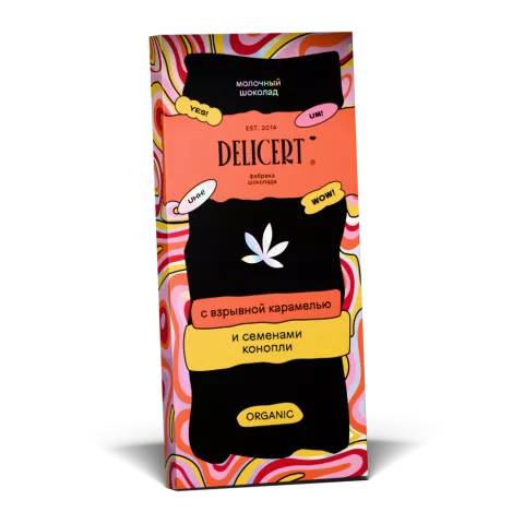 DELICERT шоколад молочный с взрывной карамелью и семенами конопли 70г/13_