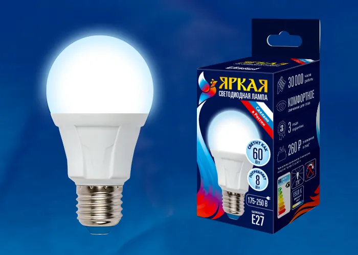 UNIEL лампа светодиодная матовая дневной свет LED-A60 8W/DW/E27/FR PLP01WH