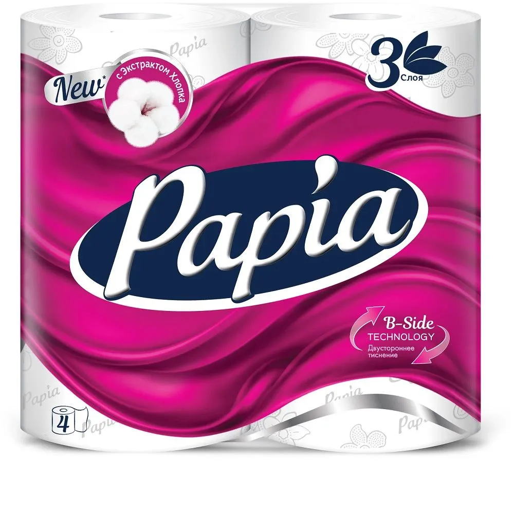 PAPIA бумага туалетная белая 3сл. 4рулона