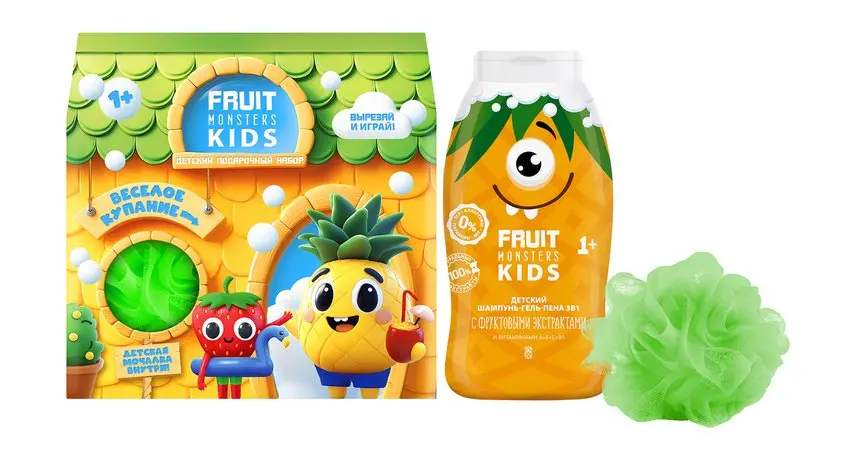 ФРУТОМОНСТРЫ подарочный набор веселое купание: шампунь-гель-пена ананас 250мл, мочалка-шар