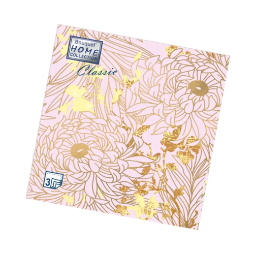 BOUQUET Home сollection салфетки столовые золотые цветы на сиреневом 3сл. 33*33см 20л