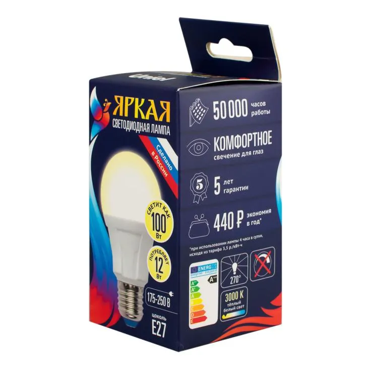 UNIEL лампа светодиодная матовая теплый белый свет LED-A60 12W/WW/E27/FR PLP01WH