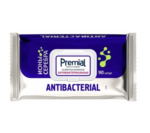 PREMIAL салфетки влажные антибактериальные серебряная защита 90шт 01-00001557
