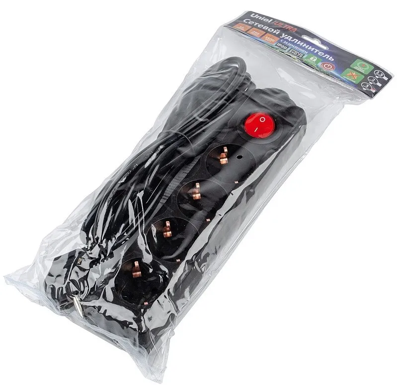 UNIEL удлинитель с заземлением 16А 4гн. 3м S-GCU4-3B BLACK