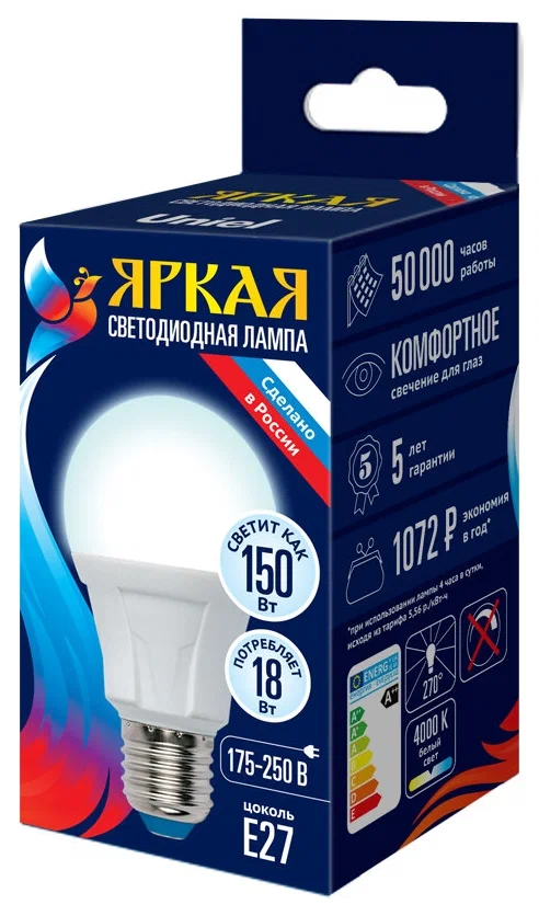 UNIEL лампа светодиодная матовая белый свет LED-A60 18W/4000K/E27/FR PLP01WH